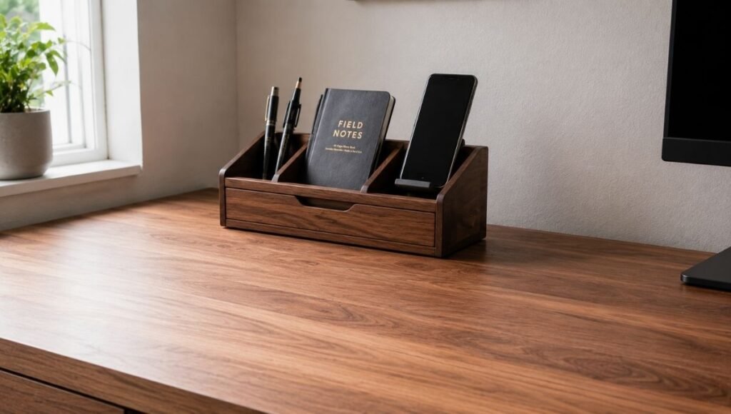 A minimal desktop organizer on a desk surface holding a few pens and small items showing correct use as a complement to drawer storage not a replacement