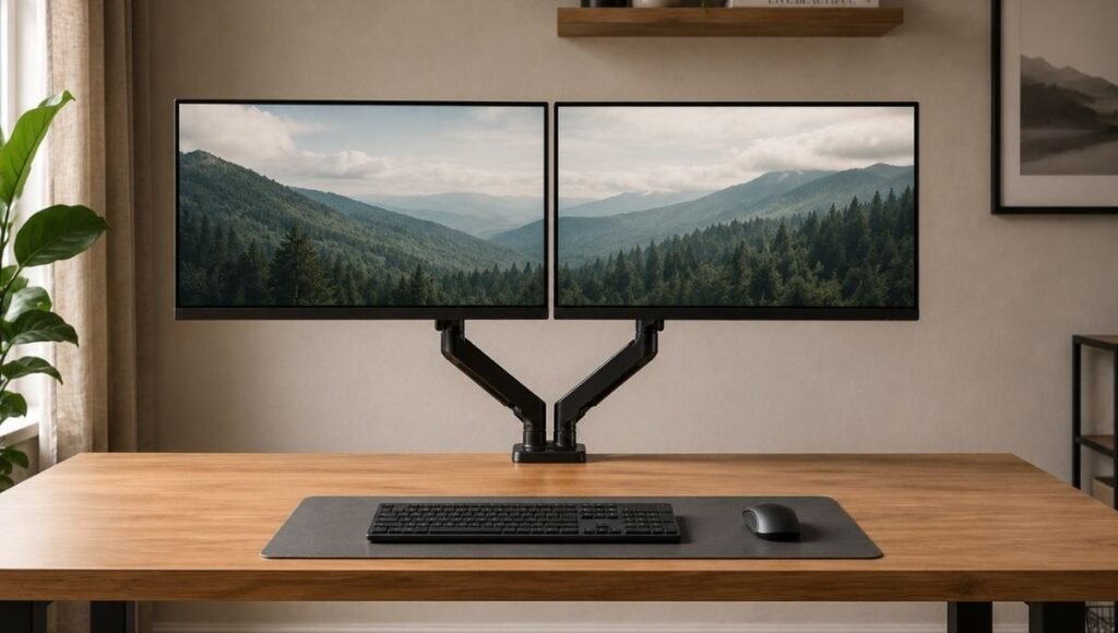 A dual monitor arm setup with two monitors on independent arms mounted from a single desk clamp both at consistent eye level height