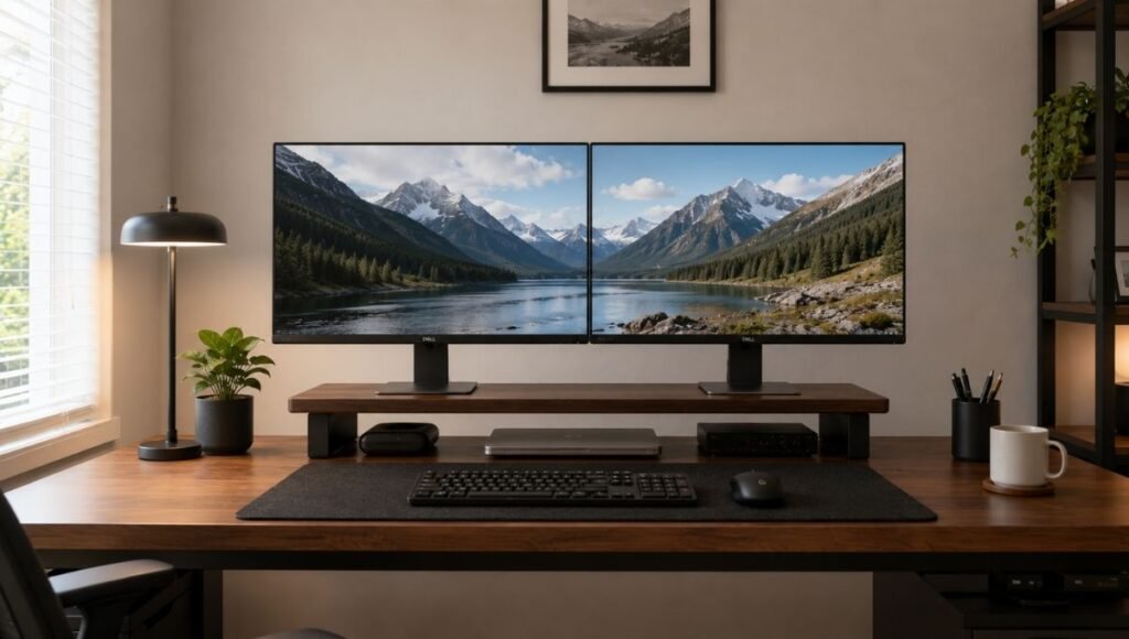 A dual monitor desk setup with both screens at the same consistent height on a wide stand, keyboard centered below, organized desk surface