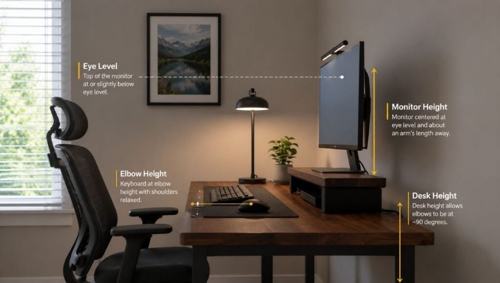 A side profile view of an ergonomic desk setup showing monitor at eye level, keyboard at elbow height, and correct seated posture alignment