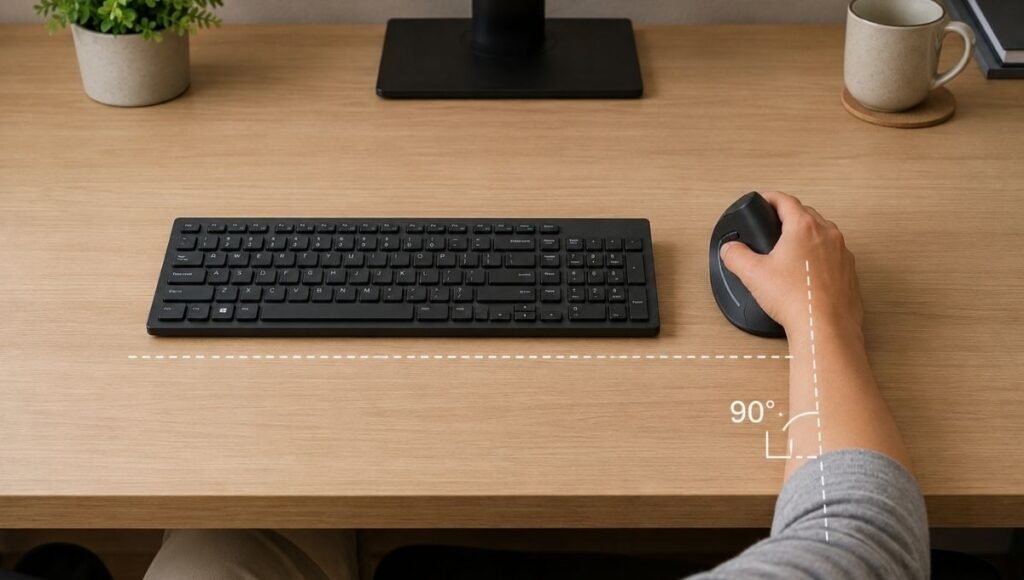 A correct ergonomic desk setup showing a keyboard and ergonomic mouse positioned at the same height beside the body with elbow at 90 degrees