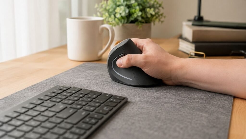 A vertical ergonomic mouse positioned on a desk beside a keyboard showing the handshake grip position for reduced wrist strain