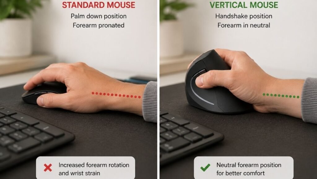 A comparison showing a hand on a flat standard mouse in full pronation palm-down position on the left versus a hand on a vertical mouse in neutral handshake position on the right