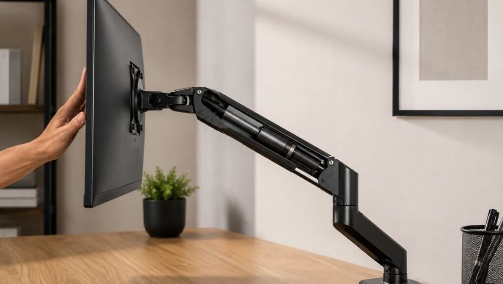 A gas spring monitor arm with the spring mechanism visible showing how the arm holds the monitor in position and allows smooth one-handed adjustment