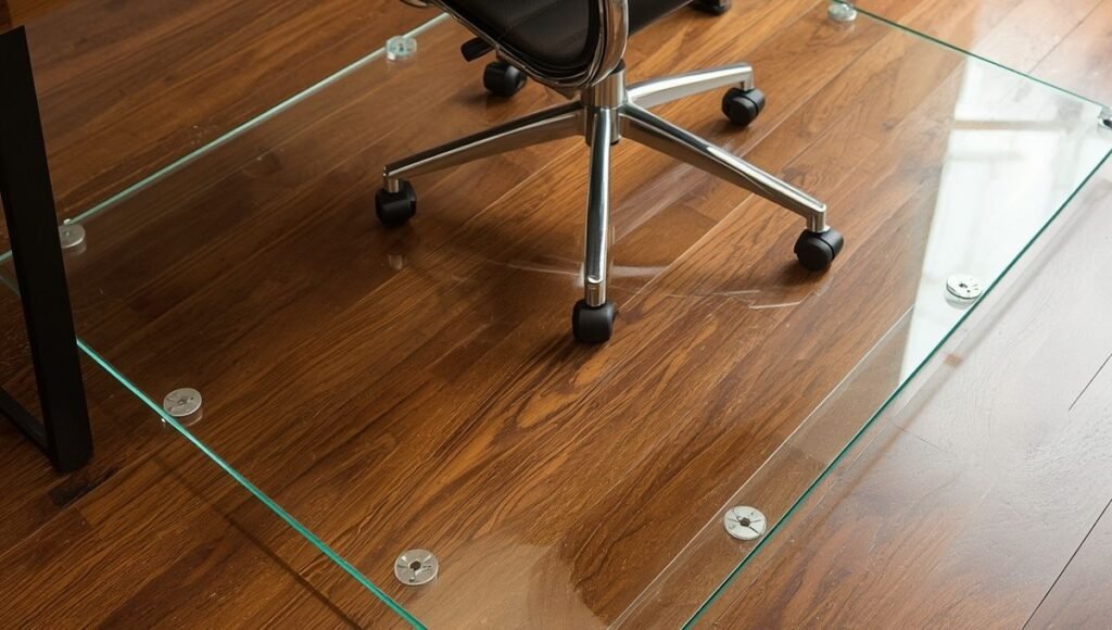 A premium tempered glass office chair mat under a desk on hardwood floor showing the clear durable surface and elegant appearance