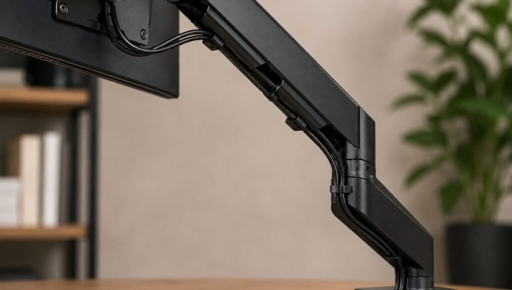 A monitor arm showing cables neatly routed through the arm's built-in cable management channel from monitor head to desk mount with no visible hanging wires