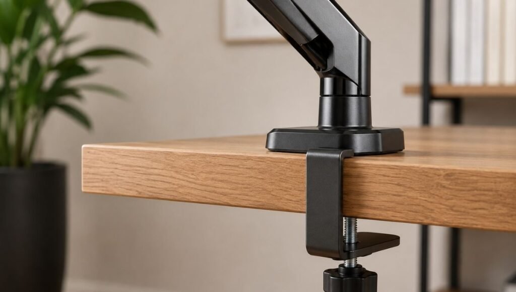 A monitor arm clamp mount attached to the rear edge of a desk showing the clamp mechanism gripping the desk edge without drilling