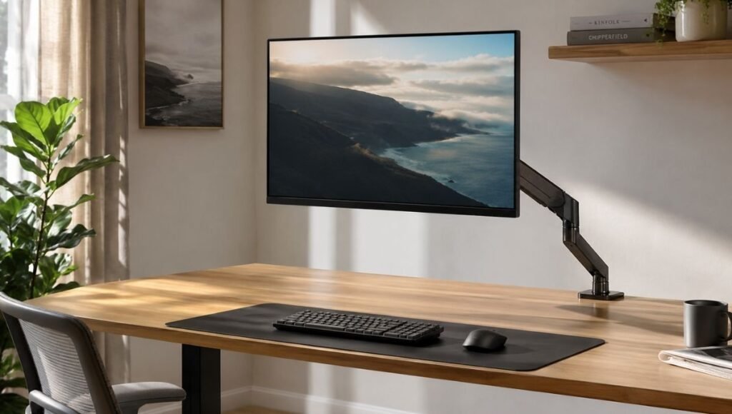 A monitor mounted on a gas spring monitor arm at eye level on a home office desk with the desk surface completely clear underneath