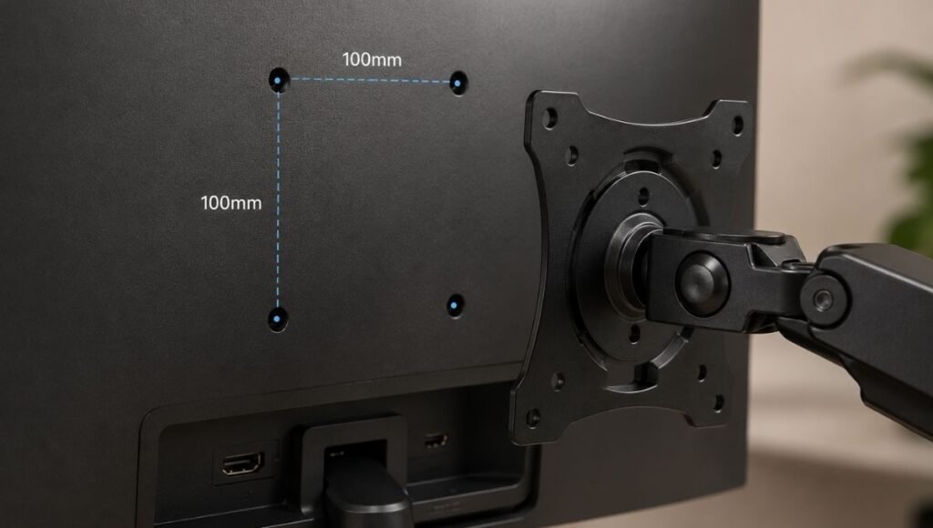 The back panel of a monitor showing the VESA mounting holes in a square pattern used to attach a monitor arm