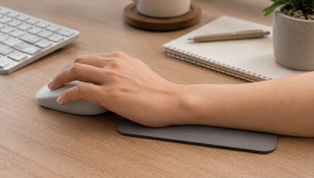 A thin mouse wrist rest pad positioned beside a computer mouse on a desk showing the correct thin height that keeps the wrist neutral during mouse use