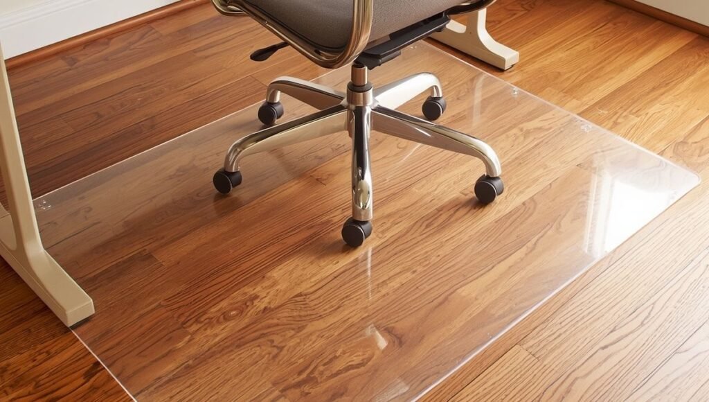 A clear polycarbonate office chair mat under a desk chair on a hardwood floor protecting the floor surface in a home office