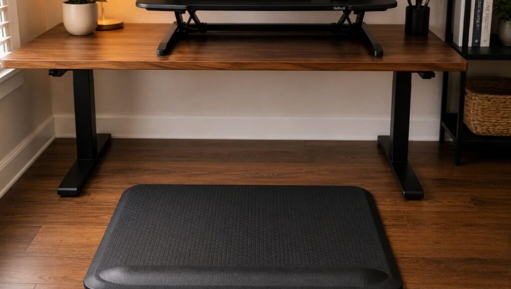 An anti-fatigue standing mat positioned on the floor in front of a standing desk showing the cushioned surface for comfortable standing