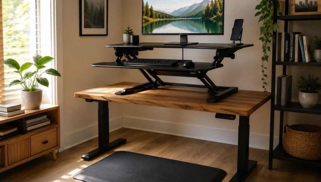 A standing desk converter raised to standing height on a home office desk with monitor and keyboard at the correct ergonomic position