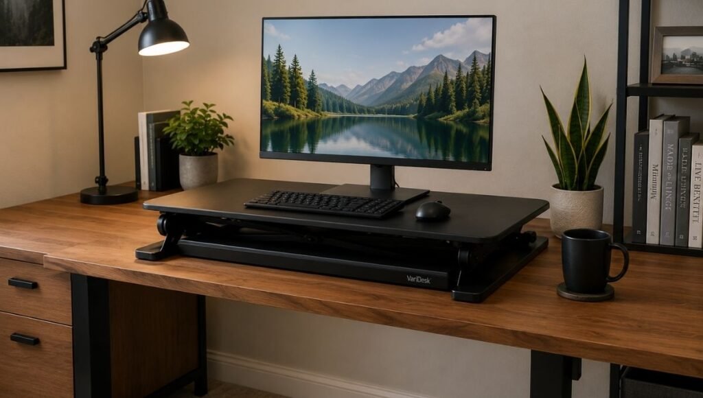 A standing desk converter in the lowered sitting position on a desk showing how it sits flat when not in use for standing