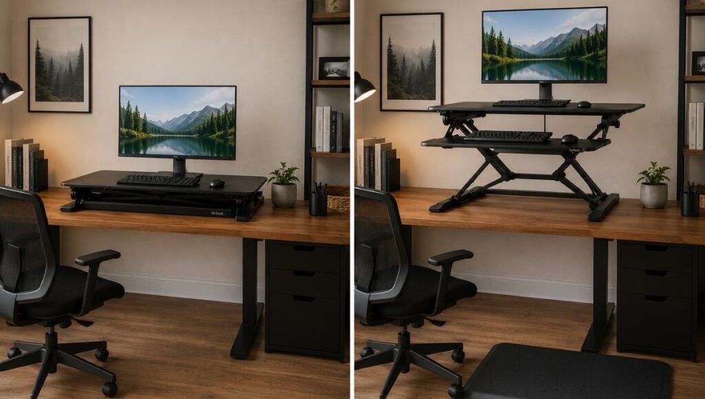 A split image showing the same home office desk with the converter lowered in sitting position on the left and raised in standing position on the right