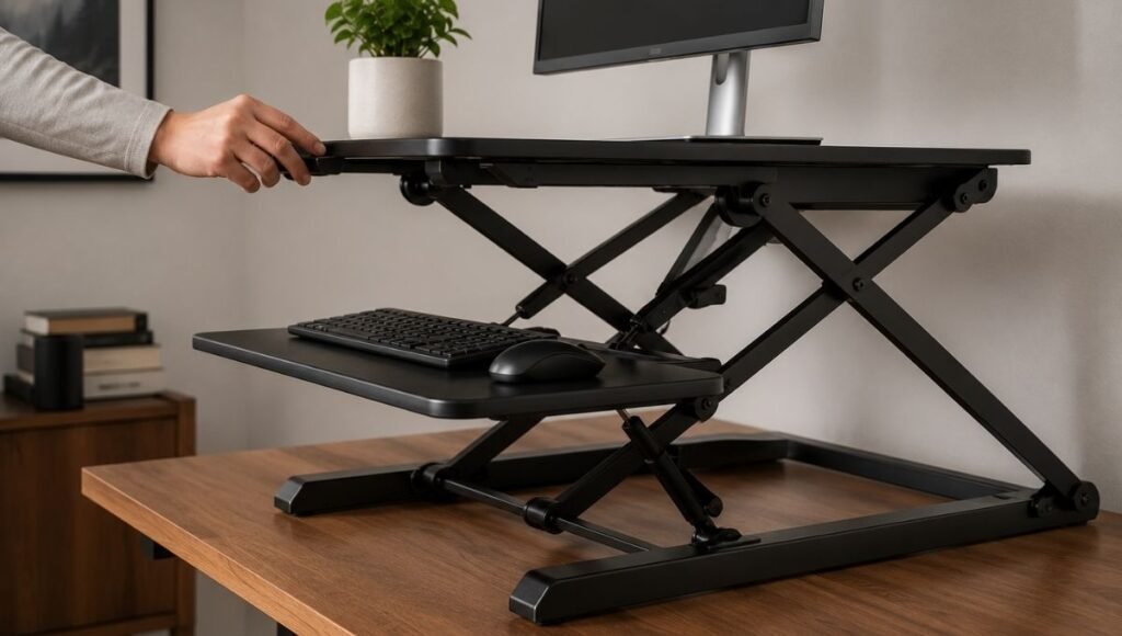 A standing desk converter showing the Z-lift or X-lift spring mechanism in mid-adjustment position demonstrating the one-handed height adjustment