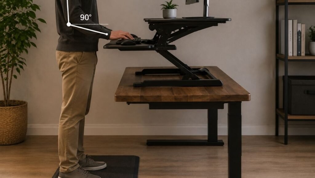 A person standing at a standing desk converter at the correct height showing elbows at 90 degrees and monitor at eye level