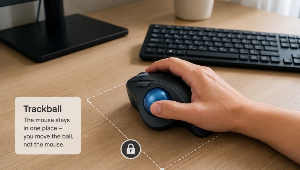 A trackball mouse with a large thumb-operated ball on the desk surface showing the stationary hand position that eliminates arm movement for cursor control