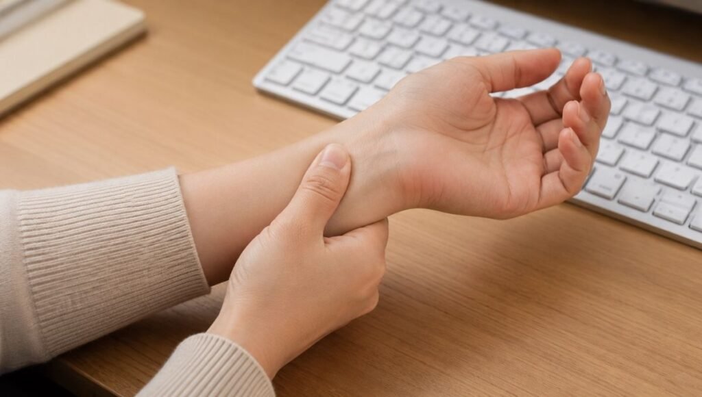 A person's hand and wrist being examined or showing discomfort while at a keyboard suggesting when professional help should be sought