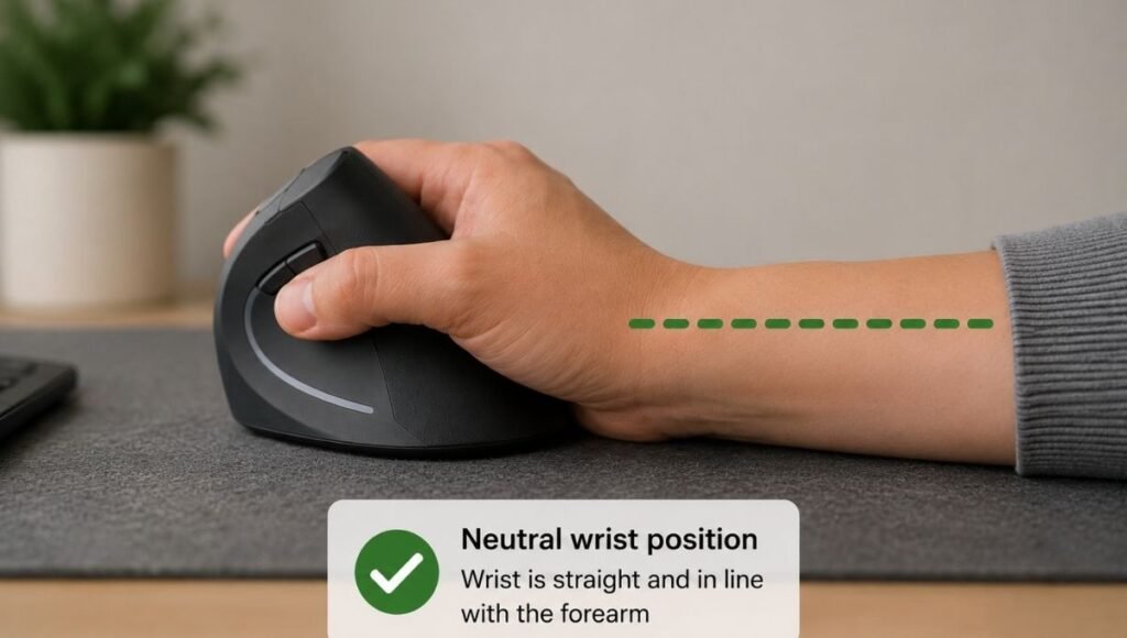 A close-up of a hand on an ergonomic mouse showing correct neutral wrist position without upward bending or sideways deviation