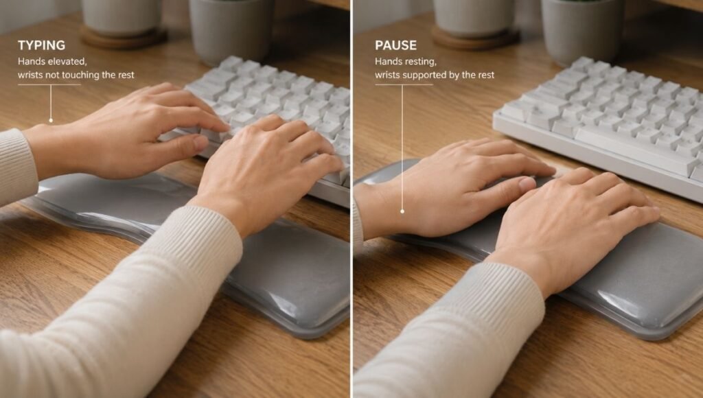 A split image showing correct wrist rest use — hands elevated during active typing on the left, and hands resting on the wrist rest during a pause on the right