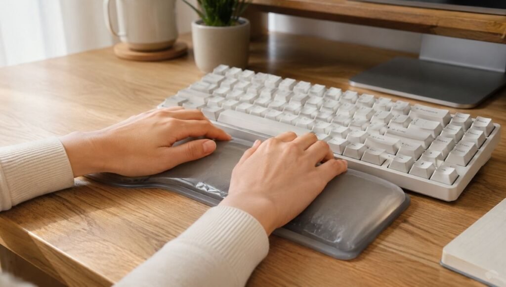 A gel wrist rest positioned in front of a keyboard on a home office desk showing correct placement and neutral wrist position during a typing pause