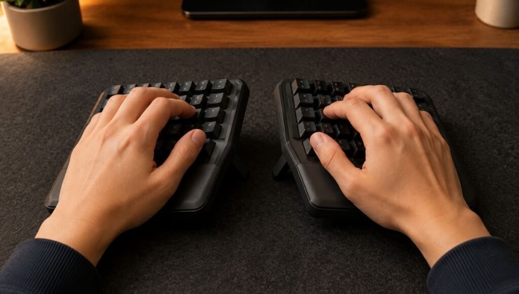 A person's hands typing on a split ergonomic keyboard showing active typing use during the adjustment period learning process