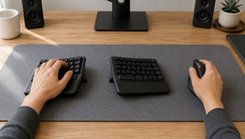A complete ergonomic input device setup showing a split keyboard and vertical mouse together on a desk demonstrating the combined ergonomic benefit