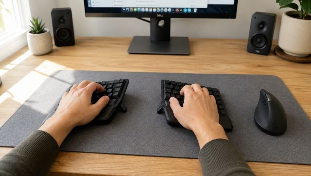 A split ergonomic keyboard on a home office desk with both halves positioned at shoulder width showing the natural hand position for reduced wrist strain