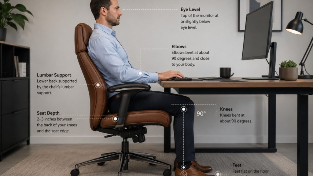 Proper ergonomic sitting posture in a leather office chair