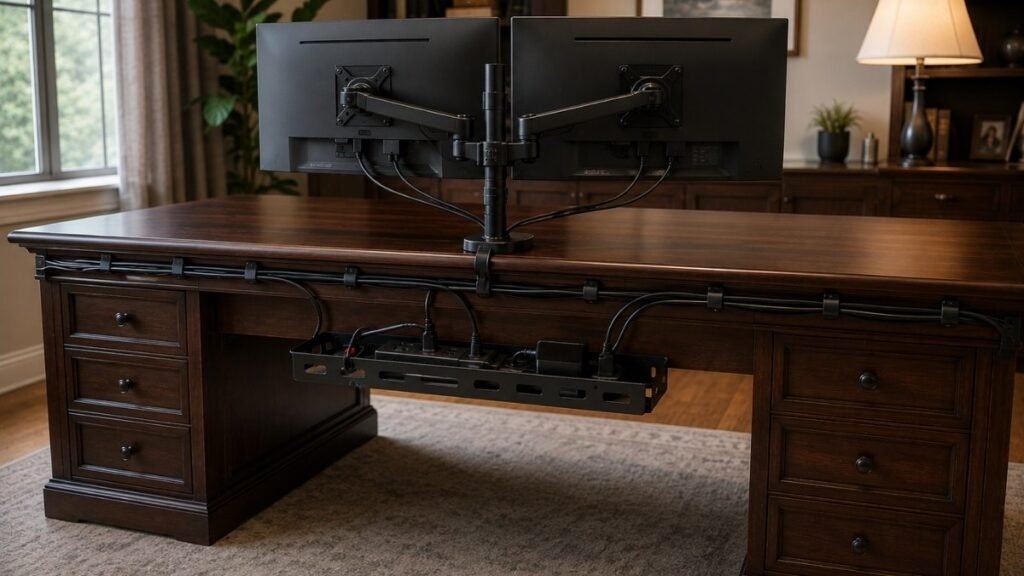 An executive desk showing complete cable management with all cables routed along the back edge in a single path and a cable tray under the desk holding the power strip completely hidden
