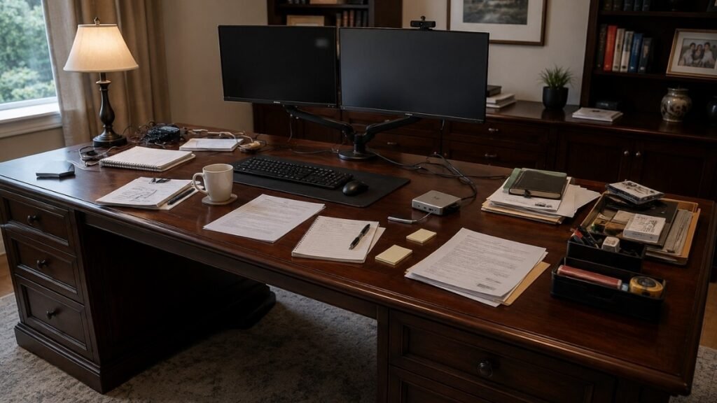 A large executive desk showing realistic everyday clutter with items spread across the wide surface cables visible and drawers partially open demonstrating the empty space trap