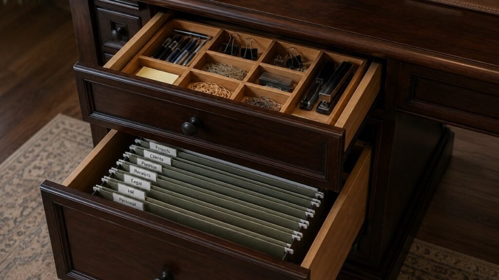 Executive desk pedestal drawers open showing a shallow utility drawer with dividers on top and a deep file drawer with hanging folders below demonstrating correct drawer organization