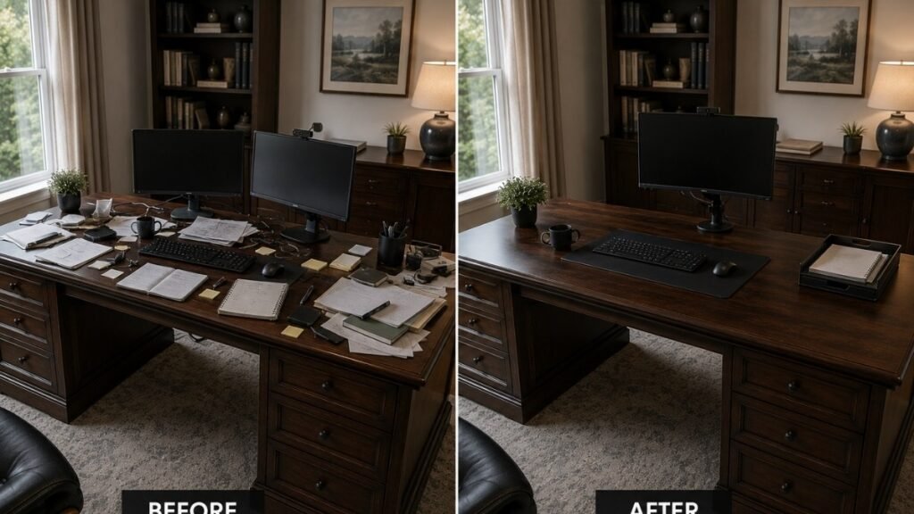 A split image showing an executive desk before the one-hour reset with items spread across the surface on the left and the same desk after the reset completely organized on the right