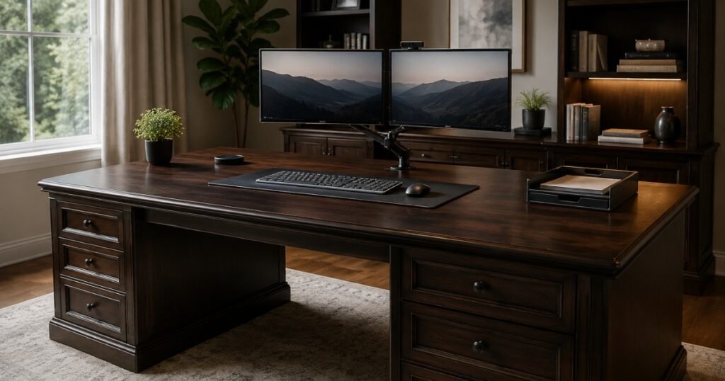 A large executive desk in a home office organized into clear zones with dual monitors at eye level, clean surface, and no visible cables