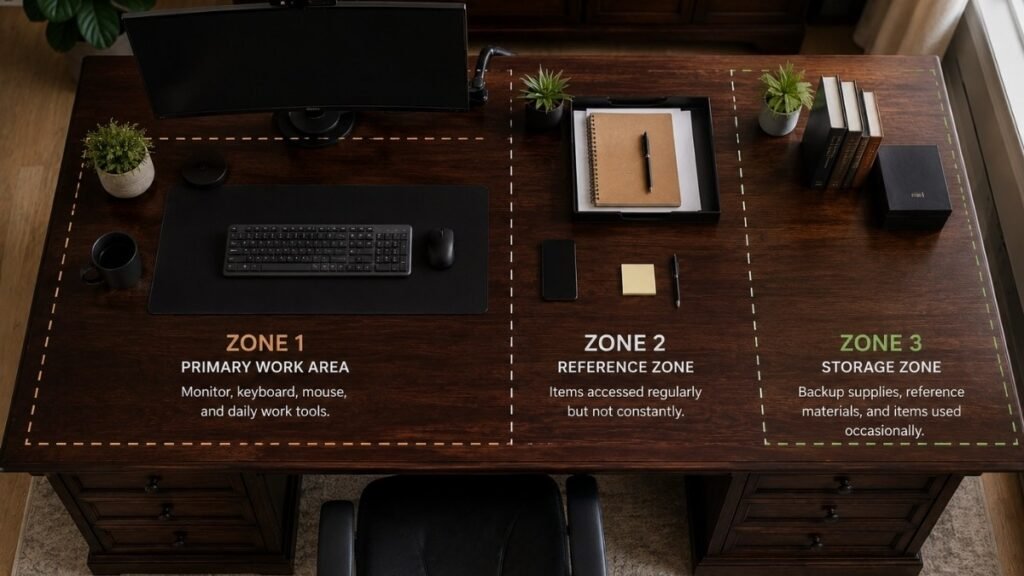 A top-down view of an executive desk showing three clearly defined zones — primary work area with monitor and keyboard, reference zone with notebook, and storage zone on the far end