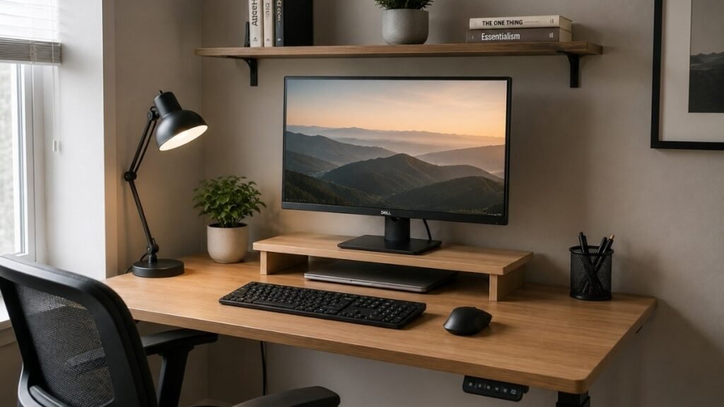 A budget-friendly home office setup showing the essential items that matter most — good chair position monitor height and basic cable management — without expensive accessories