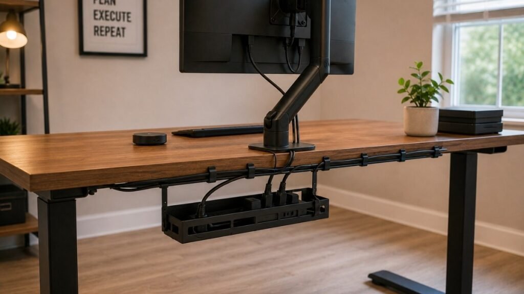 A home office desk showing clean cable management with all cables hidden along the back edge and an under-desk cable tray holding the power strip completely off the floor