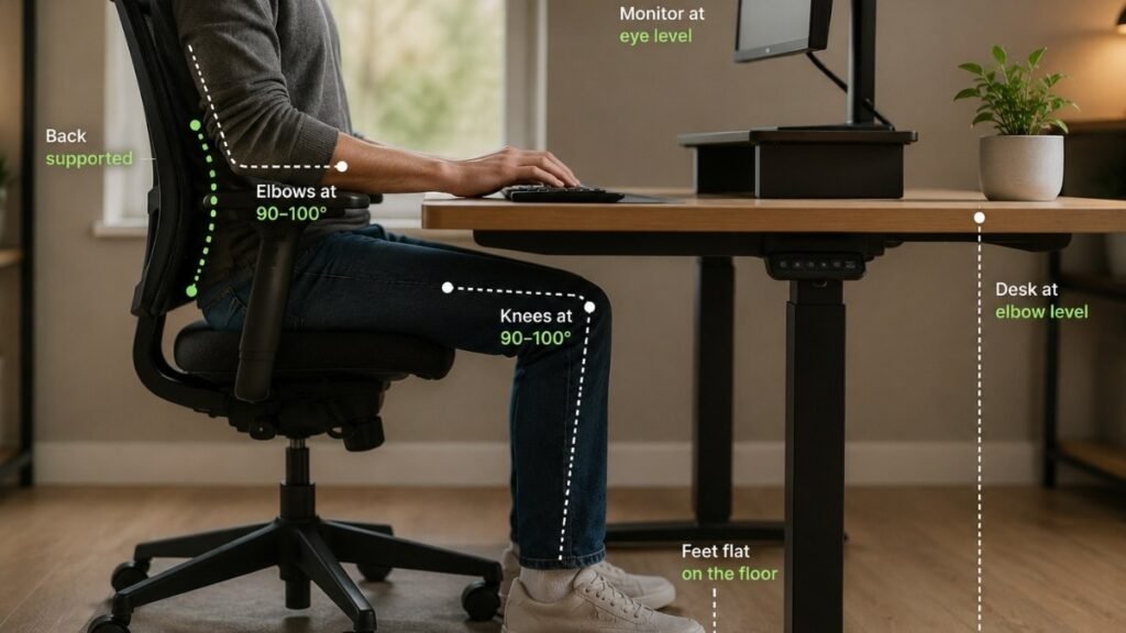 A home office showing correct ergonomic setup with chair at proper height desk surface at elbow level and monitor at eye level demonstrating the three key comfort adjustments