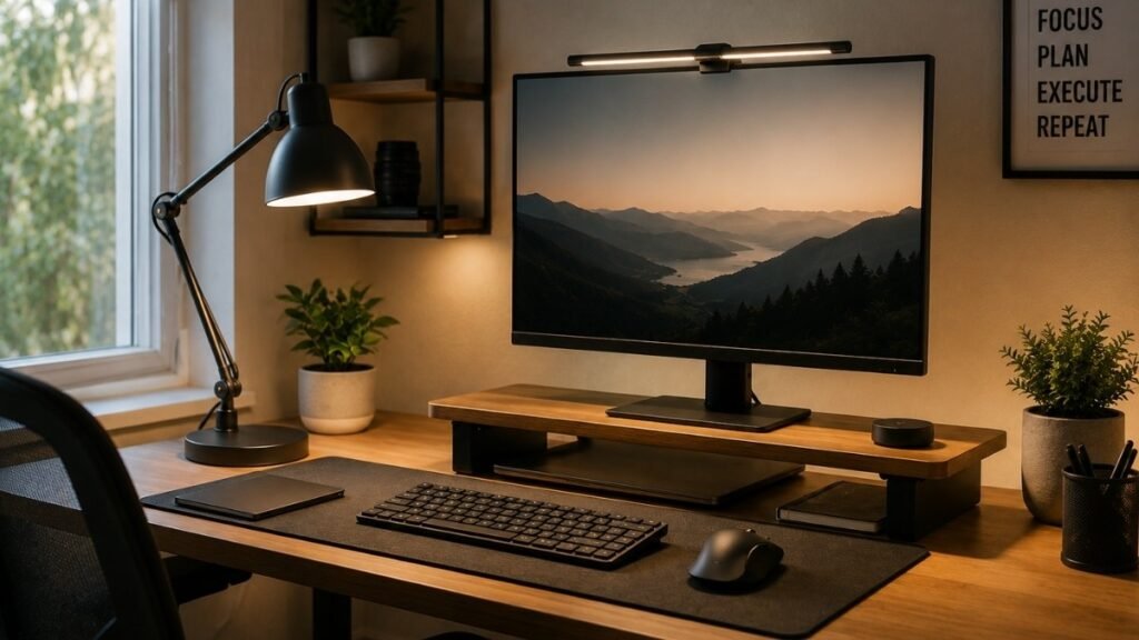 A home office desk showing monitor at correct eye level with a monitor light bar on screen and desk lamp positioned to the side providing proper workspace lighting