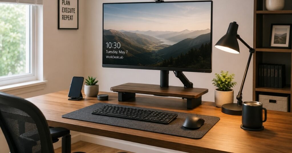 A complete functional home office setup showing a well-organized desk with monitor at eye level proper lighting and clean cable management