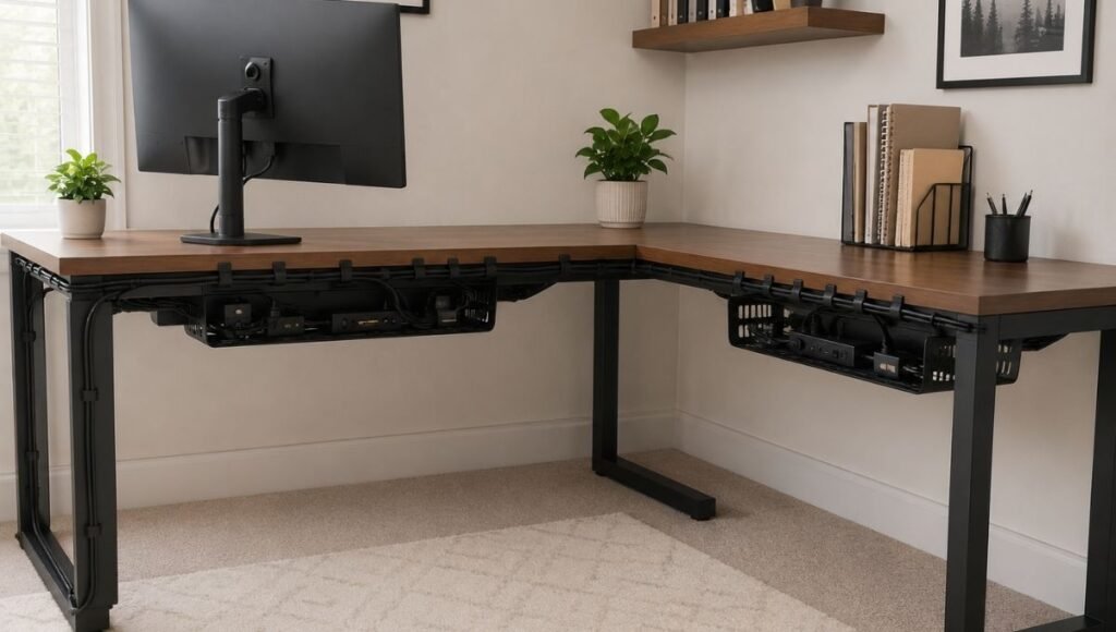 An L shaped desk showing clean cable management on both wings with cables routed along the back edges and no visible wires on the desk surface