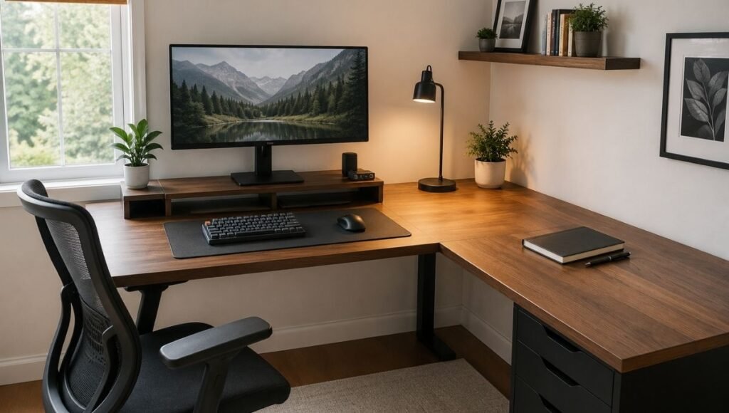 A well-organized L shaped desk in a home office corner with monitor on one wing at eye level and secondary surface on the other wing keeping both zones clearly divided