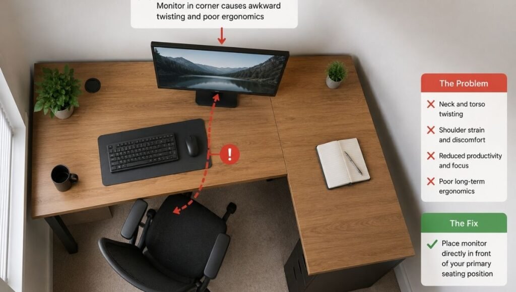 A diagram or photo showing a monitor incorrectly placed in the corner junction of an L shaped desk causing the user to twist their body diagonally