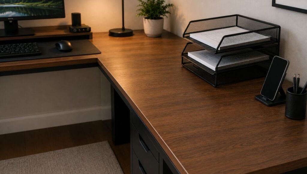 The secondary wing of an L shaped desk showing an organized document tray, phone stand, and minimal items with clear surface space demonstrating a maintained secondary zone