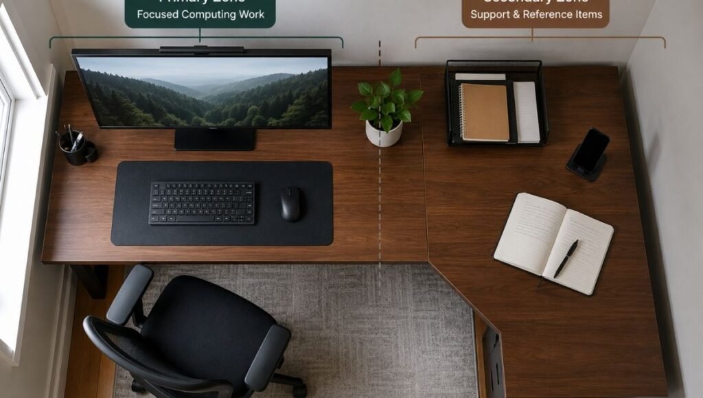 An L shaped desk with clear visual zones showing the primary wing with monitor and keyboard on the left and the secondary support wing on the right with different items