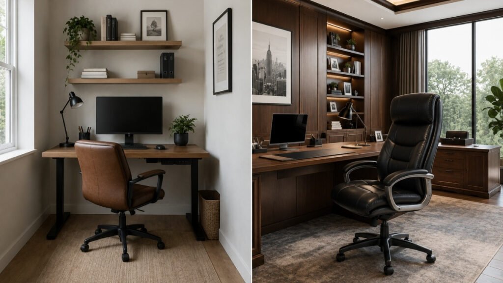Comparison of a compact workspace with a mid-back leather chair and a large executive office with a high-back leather chair