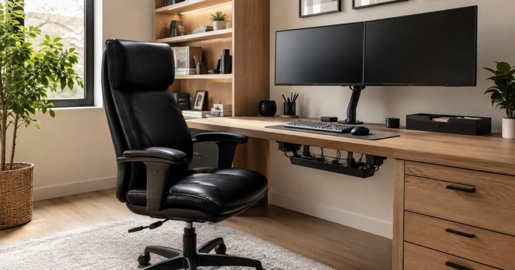 Premium leather office chair in a clean and organized home office setup