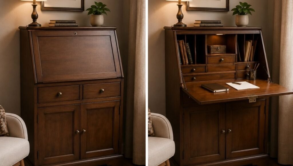 A secretary desk shown in two states — closed looking like a cabinet on the left and open with the fold-down writing surface revealed on the right