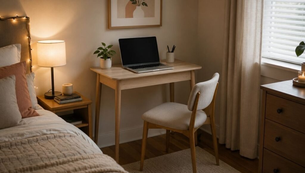 A small writing desk with a laptop in a bedroom corner showing how a writing desk integrates into a non-office room without dominating the space